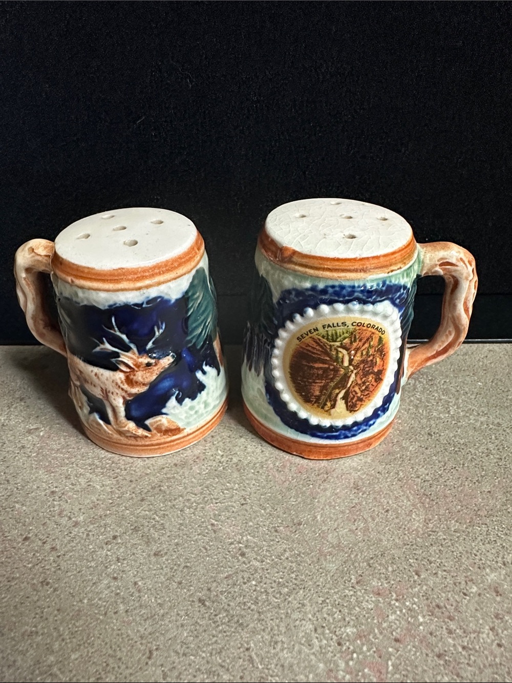 Vintage Ceramic Seven Falls Colorado Stein Salt and Pepper Shakers